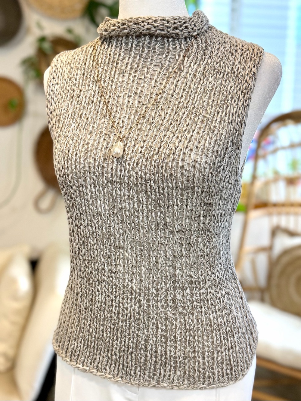 Eileen Fisher 100% Linen Gray Chunky Knit Sleeveless Cowl Sweater Top S - Picture 4 of 9